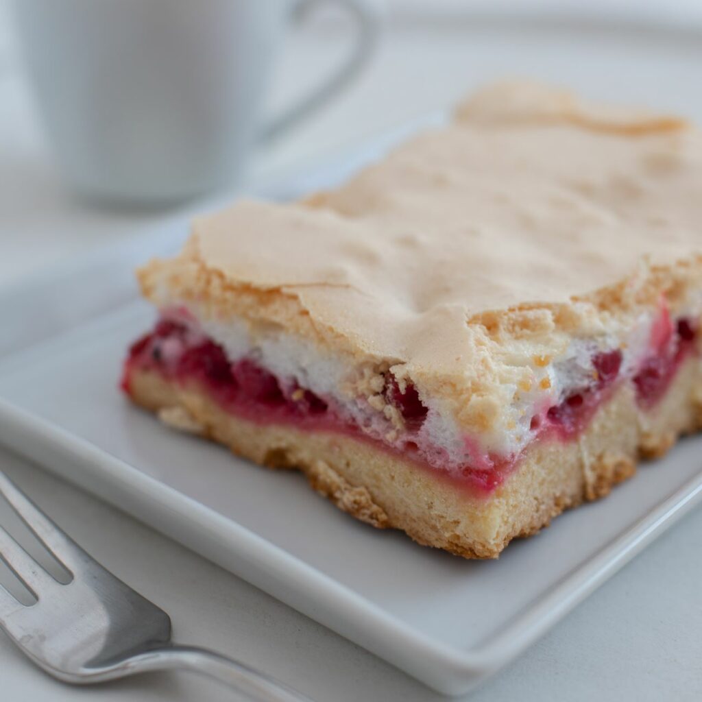 Ciasto rabarbarowe z bezą z blachy podajemy na białym talerzu.
