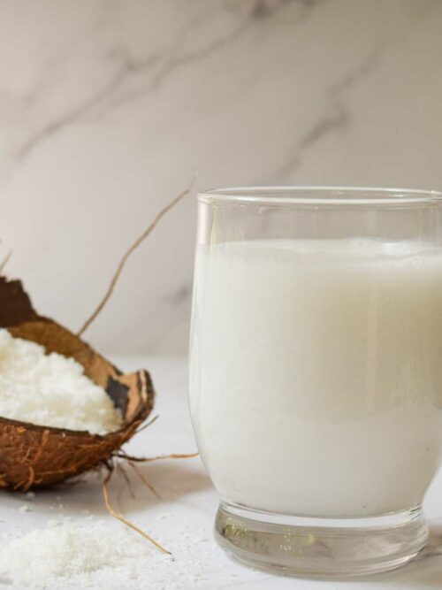 Kokosnussmilch wird mit Kokosraspeln und einer Kokosnussschale gezeigt.